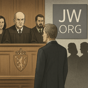 Jehovovi svedkovia pred súdom v Nórsku. Obrázok vznikol pomocou AI. 